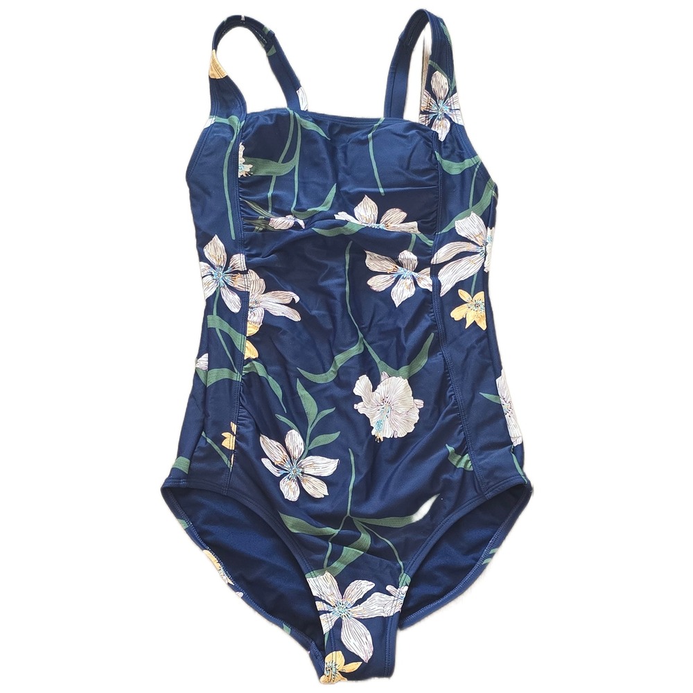 Shade & Shore Navy Blue Floral One Piece Swimsuit Ruched Front Size S 4-6 NEW